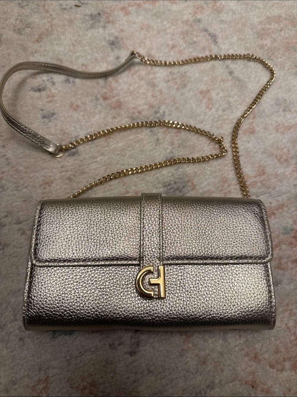 Cole Haan Metallic Gold Crossbody Wallet with Chain Strap and GH Logo